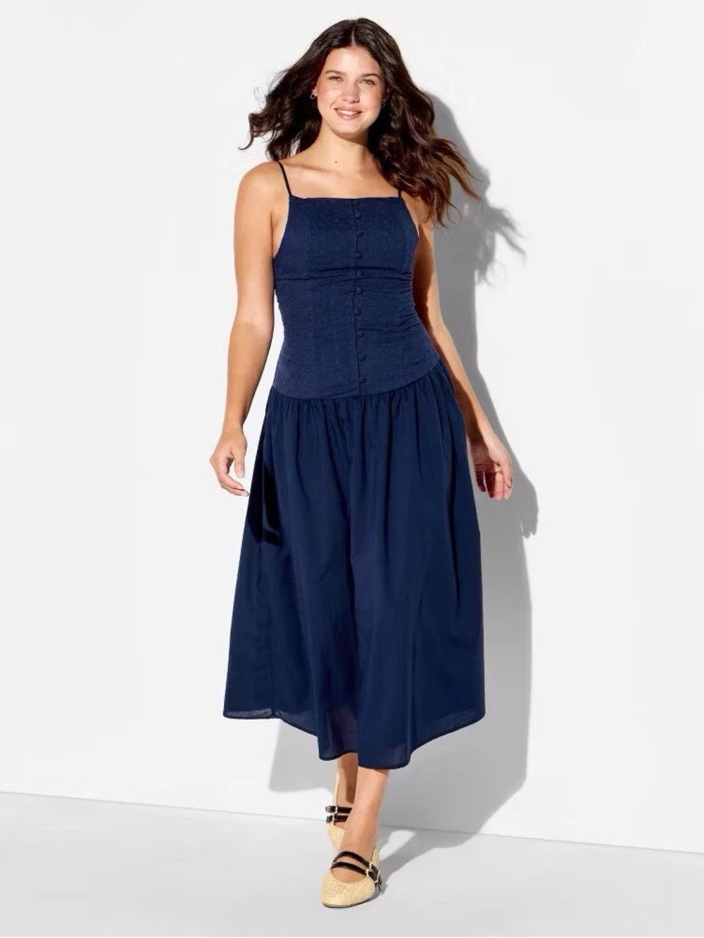 Square-Neck Navy Midi Dress with Spaghetti Straps